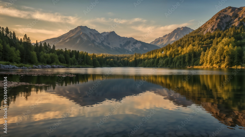 A serene landscape with a lake reflecting the setting sun and surrounding mountains, sunset, beautiful nature, travel, poster, postcard, wallpaper A serene landscape with a lake reflecting the setting sun and surrounding mountains, sunset, beautiful nature, travel, poster, postcard, wallpaper
