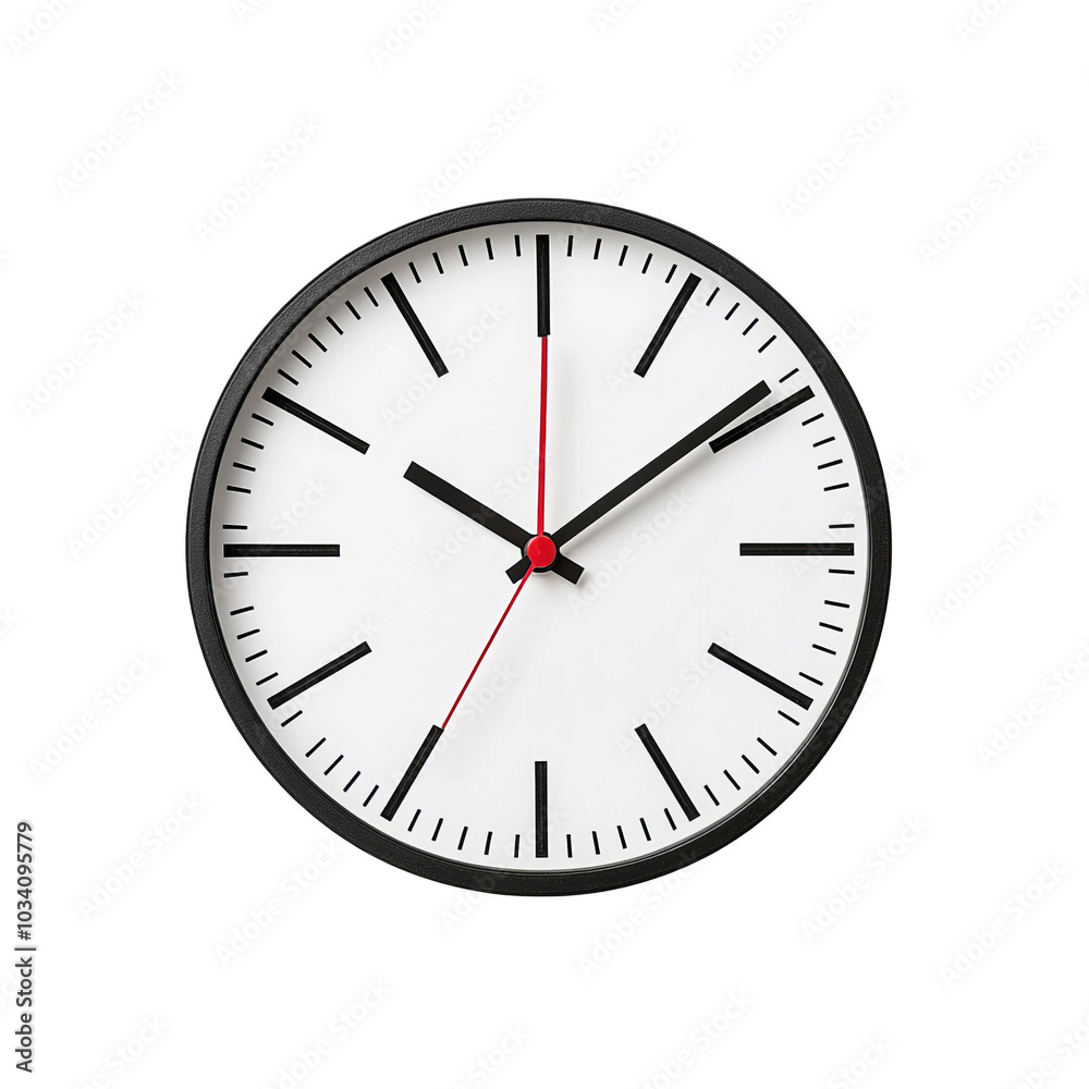 Modern wall clock with black and red accents on a white background. Modern wall clock with black and red accents on a white background.