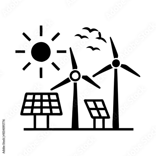Renewable energy landscape with wind turbines and solar panels under the sun