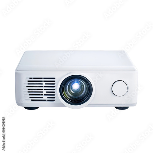 Modern white projector with lens, isolated on a white background.