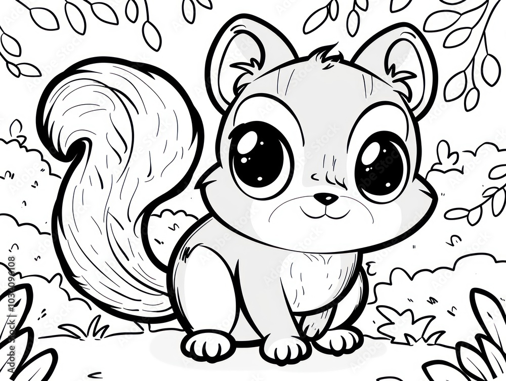 A Cute Cartoon Squirrel Sitting in Grass with Big Eyes A Cute Cartoon Squirrel Sitting in Grass with Big Eyes
