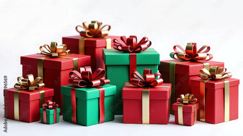 Obraz premium Minimalist of vibrant blue, yellow, red, and green gift-wrapped presents, each adorned with red and gold ribbon bows, neatly arranged against a clean white background