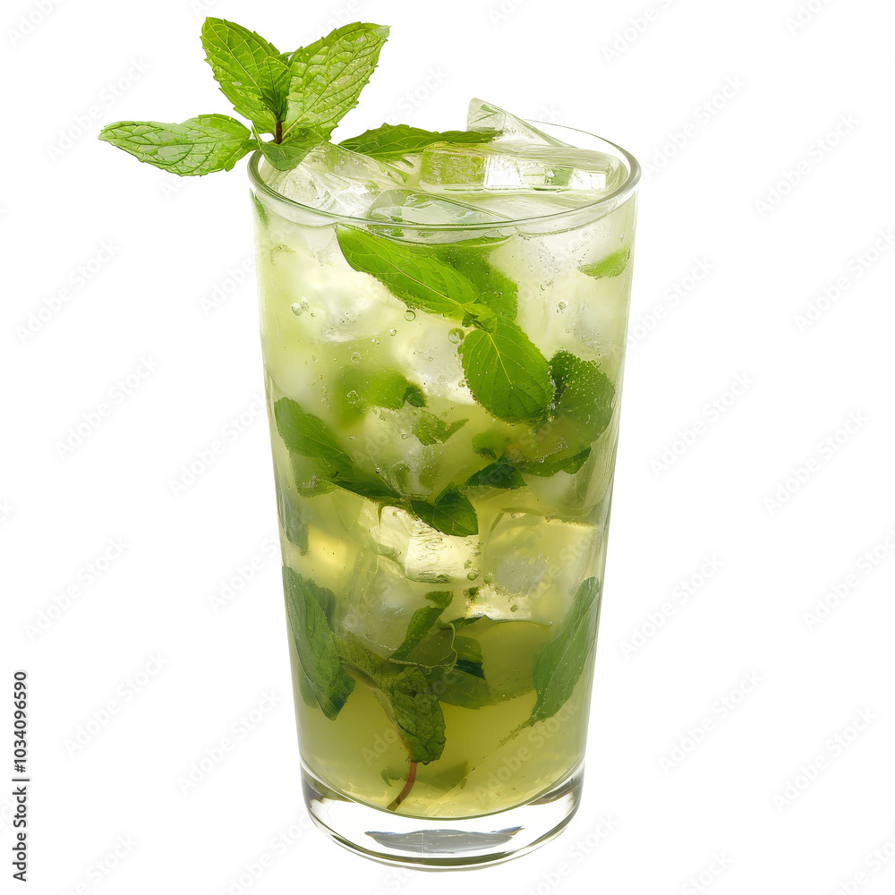 Refreshing mint mojito with ice served in a tall glass, garnished with mint leaves against a clean transparent background Refreshing mint mojito with ice served in a tall glass, garnished with mint leaves against a clean transparent background