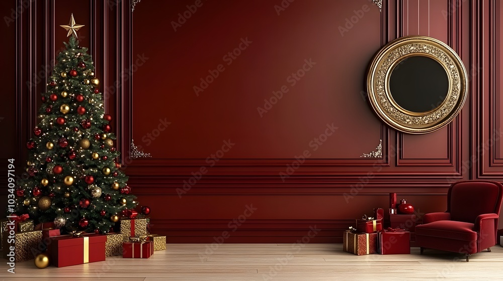 Elegant living room with a beautifully decorated Christmas tree and presents Elegant living room with a beautifully decorated Christmas tree and presents