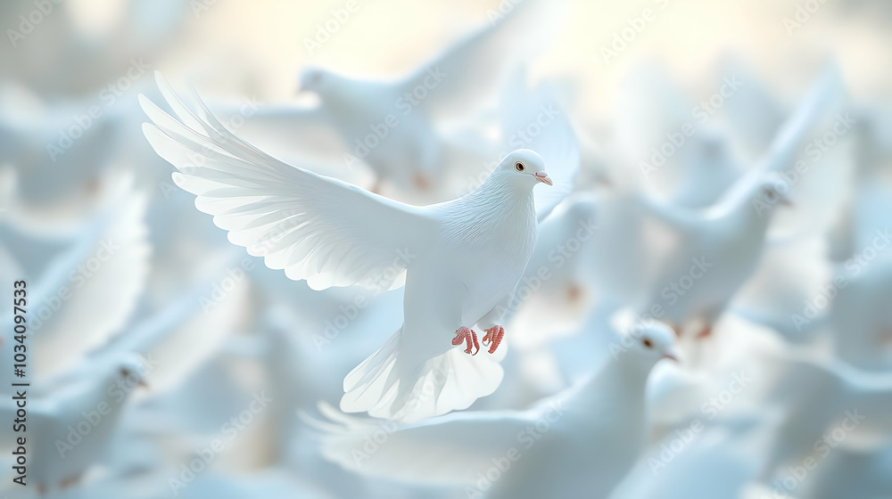 3D Blurred White Doves in Flight - Conceptual Wide Shot of White Doves Taking Off Against a Soft Sky, Symbolizing Freedom from Mental Burdens for Janeiro Branco - Isolated Icon on White Background 3D Blurred White Doves in Flight - Conceptual Wide Shot of White Doves Taking Off Against a Soft Sky, Symbolizing Freedom from Mental Burdens for Janeiro Branco - Isolated Icon on White Background