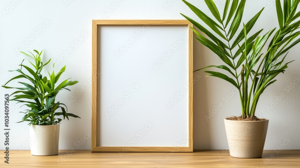 Empty picture frame with green plants on a white table for interior decor