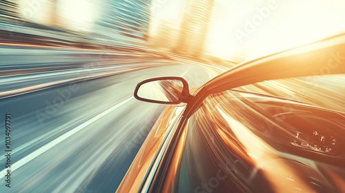 A dynamic shot of a car speeding through a city at sunset, emphasizing motion and the thrill of the ride.