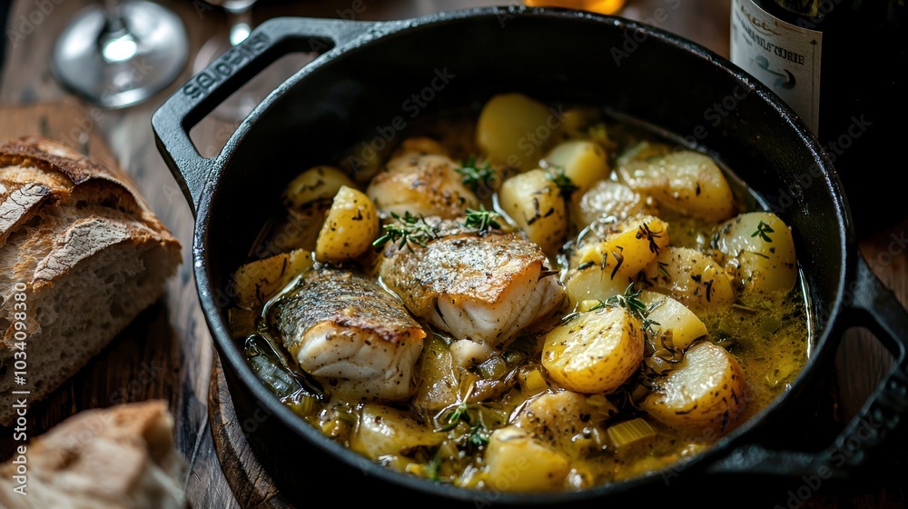 Rustic Fish Stew in Cast Iron Pot with Potatoes and Leeks for Cozy Dining Design Rustic Fish Stew in Cast Iron Pot with Potatoes and Leeks for Cozy Dining Design