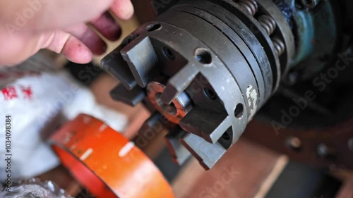 A close-up 4K video captures the hand of a mechanical engineer inspecting the rotor and shaft of a motor, skillfully turning it by hand to assess its functionality and condition.