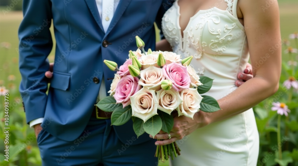 A bride and groom holding a bouquet of pink and white roses A bride and groom holding a bouquet of pink and white roses