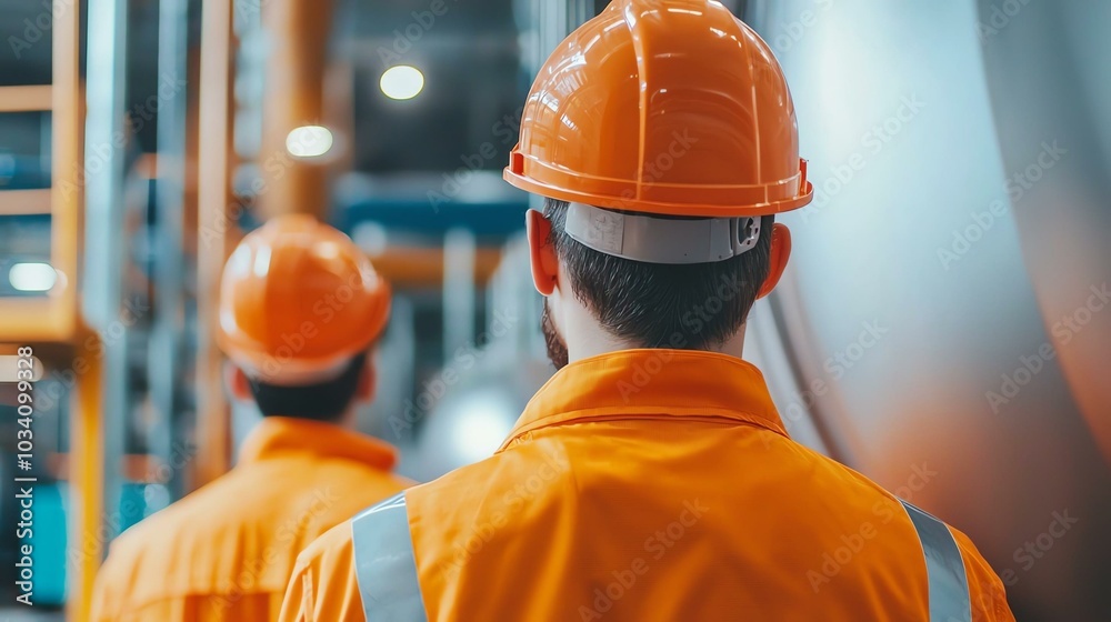 Workers in orange safety gear and hard hats navigate an industrial facility, highlighting construction and safety practices in the workplace. Workers in orange safety gear and hard hats navigate an industrial facility, highlighting construction and safety practices in the workplace.