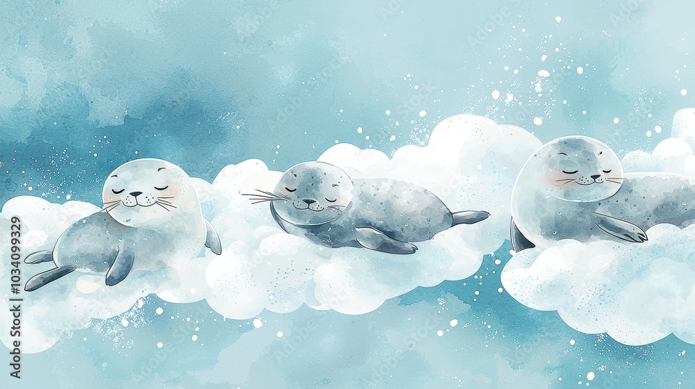 Obraz premium Adorable Seals Napping on Soft Clouds in a Serene Landscape