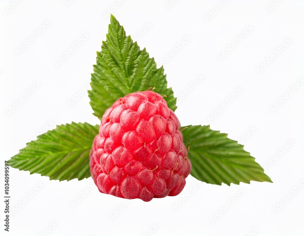 Single red raspberry with leaves Single red raspberry with leaves