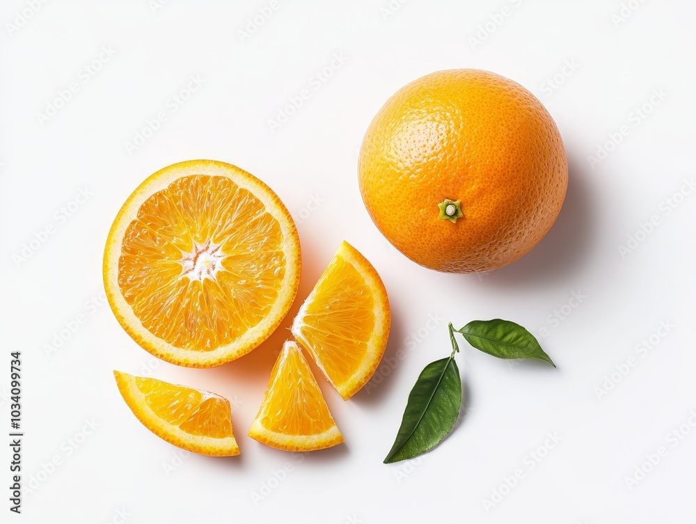 Fototapeta premium Close up of Fresh Ripe Orange Fruit Cut into Wedges with Green Leaves on Bright White Background