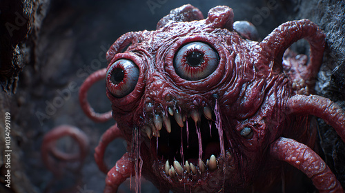 A 3D Render of a Glowing-Eyed, Fleshy Creature with Sharp Teeth and Tentacles Emerges from a Dark Cave