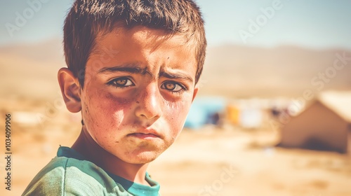 A young boy in a refugee camp, showcasing resilience and hope despite his surroundings and challenging circumstances.