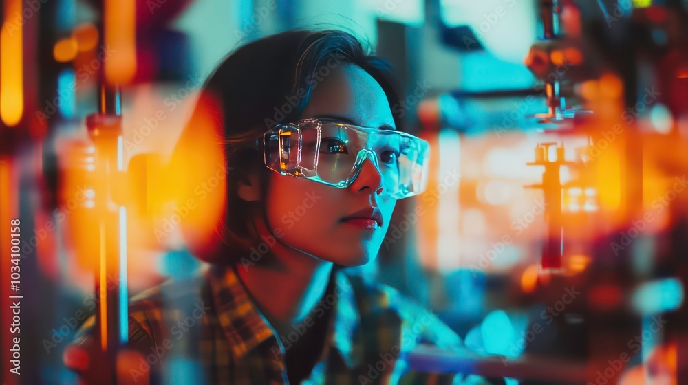 A young woman in safety goggles looks intently at a piece of lab equipment in a brightly lit laboratory.