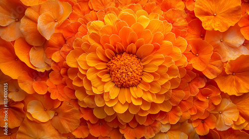 Close up of rangoli made from marigold flowers and rose petals in vibrant shades of orange to mark Indian festivals. Floral background