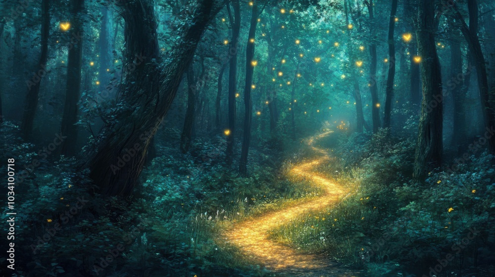 Fototapeta premium The illuminated path through the forest guided them safely home.
