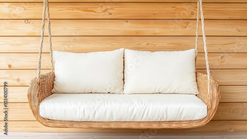 Rattan porch swing with soft cushions, creating a relaxing outdoor seating area, rattan  furniture, rattan porch swing