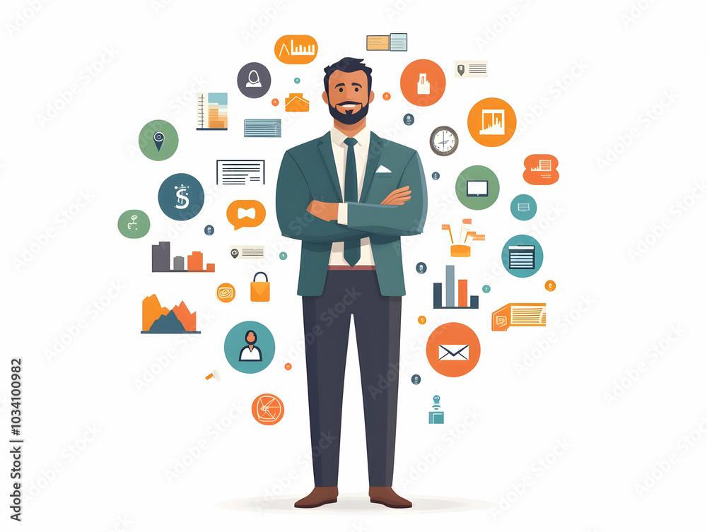 Flat Politician Avatar with Holographic Policy Icons | Close-Up on Diverse Policy Areas | Clean White Background for Candidate Messaging | Simple Flat Vector Illustration Flat Politician Avatar with Holographic Policy Icons | Close-Up on Diverse Policy Areas | Clean White Background for Candidate Messaging | Simple Flat Vector Illustration