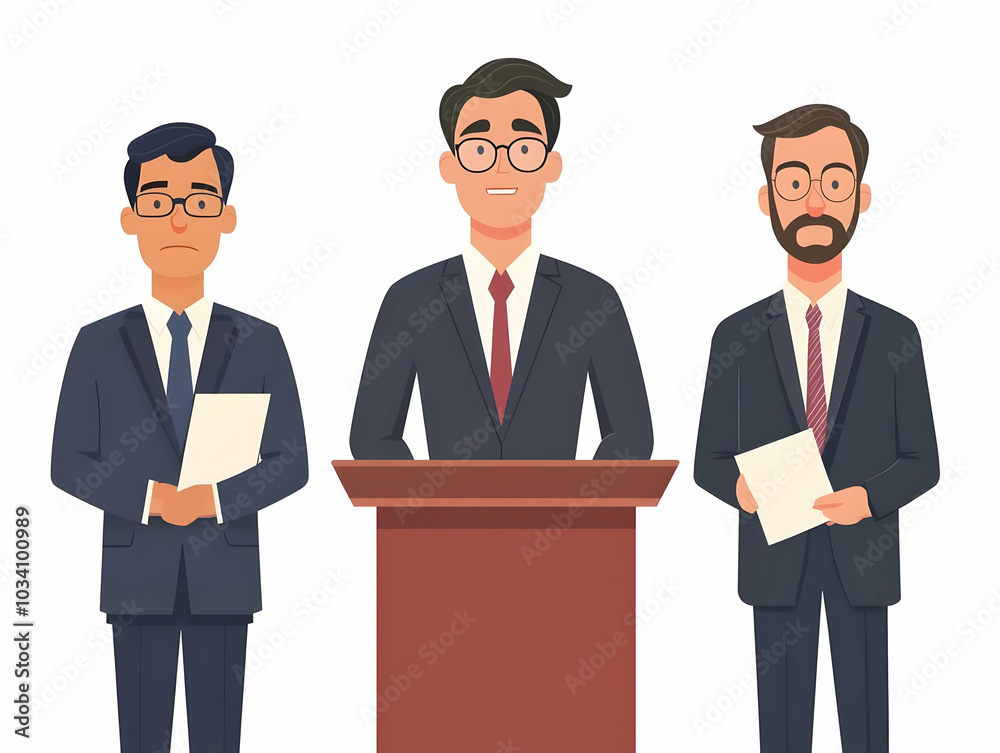 Close-Up of Frustrated Politician during Debate Prep: Intense Campaigning Behind the Scenes with Scattered Notes and Advisors - Simple Flat Vector Illustration Close-Up of Frustrated Politician during Debate Prep: Intense Campaigning Behind the Scenes with Scattered Notes and Advisors - Simple Flat Vector Illustration