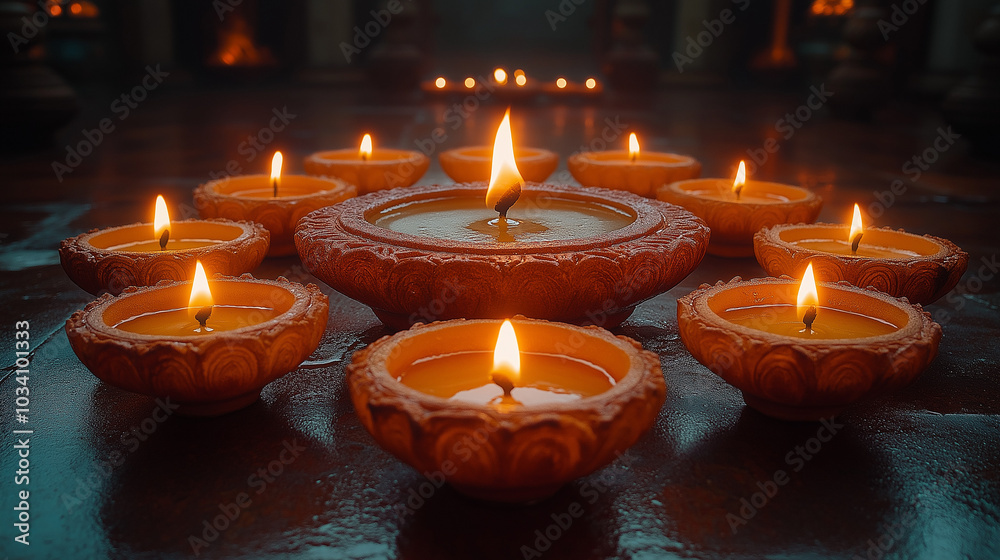 Ten Diyas arranged in circle around one larger Diya. Flickering flames creating a warm and inviting glow, symbolizing light and celebration, perfect for festive occasions like Diwali Ten Diyas arranged in circle around one larger Diya. Flickering flames creating a warm and inviting glow, symbolizing light and celebration, perfect for festive occasions like Diwali