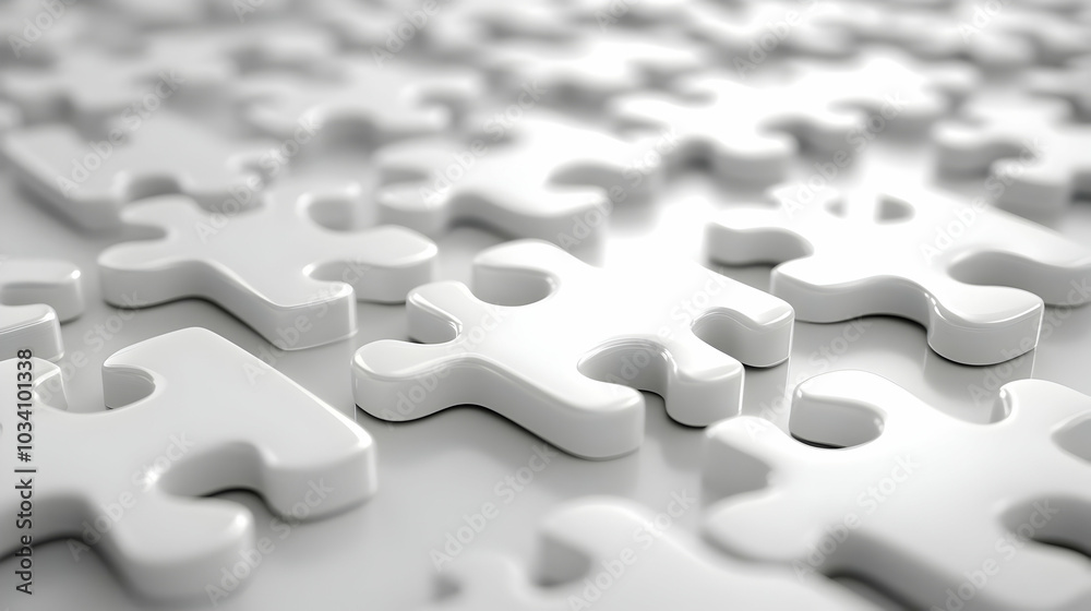 3D Glossy White Puzzle Pieces Concept: Medium Shot of Reflective Puzzle Pieces Scattered on White Background, Symbolizing Unity, Problem Solving, and Mental Health Messaging in Iconic Design. 3D Glossy White Puzzle Pieces Concept: Medium Shot of Reflective Puzzle Pieces Scattered on White Background, Symbolizing Unity, Problem Solving, and Mental Health Messaging in Iconic Design.