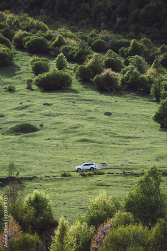 SUV driving in alpine meadows in spring in the mountains photo