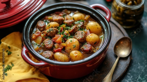 traditional portuguese stew, the Cozido à Portuguesa, The base of this dish is beef, pork, chicken, chorizo, black pudding, Portuguese cabbage, kale, carrot, potatoes and turnips.