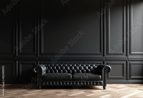 Black leather tufted sofa near dark paneling wall. Interior design of modern living room
