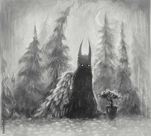 A captivating digital painting of a demon next to a small tree, blending dark fantasy and nature themes. Ideal for fantasy, surreal, and concept art projects.
