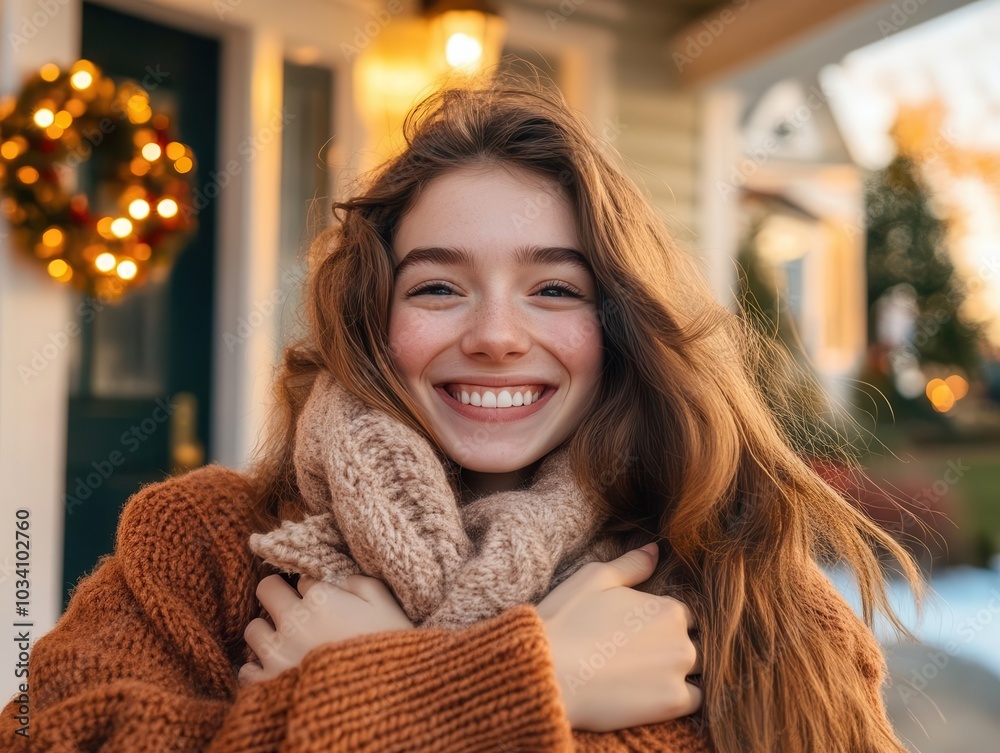 Happy young woman smiling in front of a house with Christmas lights Happy young woman smiling in front of a house with Christmas lights
