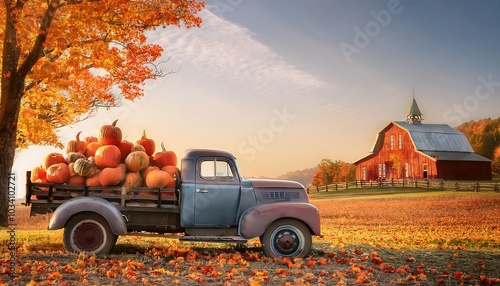 Vintage truck filled with pumpkins in a tranquil autumn field near a rustic barn at sunset. Generative AI