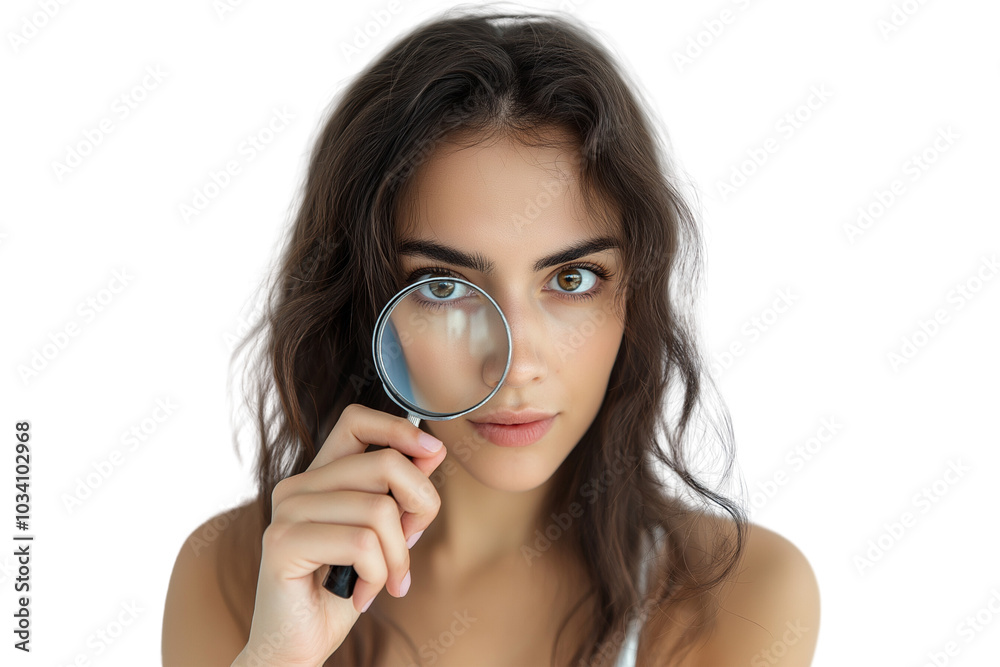 asian woman searching for something, woman hand hold zoom magnifier glass. asian woman searching for something, woman hand hold zoom magnifier glass.