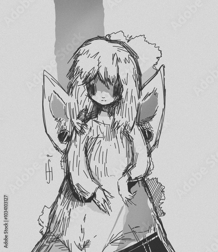 A black and white digital illustration of a girl with butterfly wings, blending fantasy and anime styles. Ideal for graphic, fantasy, and surreal projects with a unique flair.