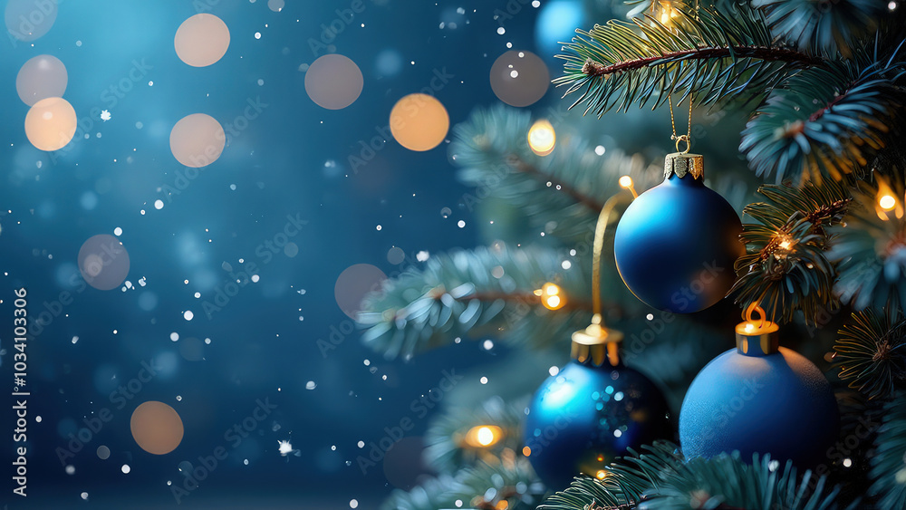 Realistic 3D-rendered Christmas tree, adorned with blue ornaments and shimmering bokeh lights. The fir branches sparkle subtly, set against a softly defocused, abstract background Realistic 3D-rendered Christmas tree, adorned with blue ornaments and shimmering bokeh lights. The fir branches sparkle subtly, set against a softly defocused, abstract background