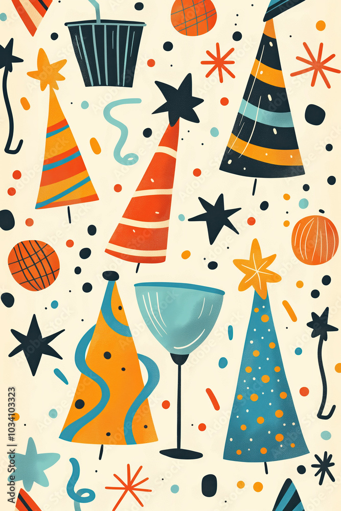 Festive celebration pattern with colorful party hats and decorations Festive celebration pattern with colorful party hats and decorations