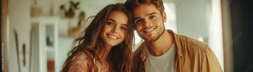 Young couple standing by window, looking out at garden. Young couple standing by window, looking out at garden.