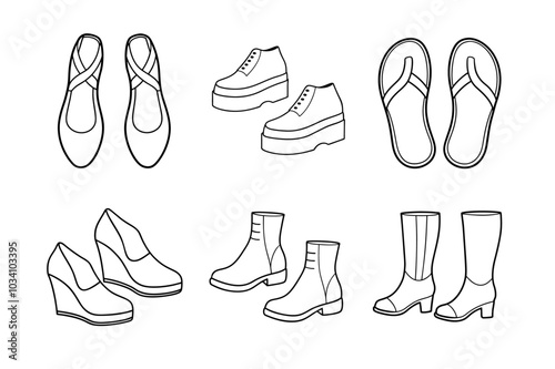 Fashionable Footwear Vector Line Art Bundle with Trendy Shoe Styles