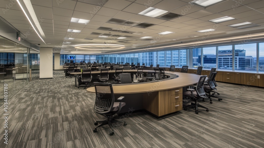 Modern Office Conference Room with Curved Table and City View Modern Office Conference Room with Curved Table and City View