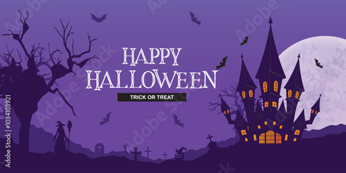 Halloween background Night Scene with Castle and Moon. Vector illustration with purple background