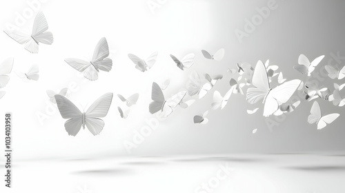 3D Ascending White Butterflies Concept - Wide Shot of a Swarm Rising Upward, Symbolizing Transformation and Hope on Isolated White Background