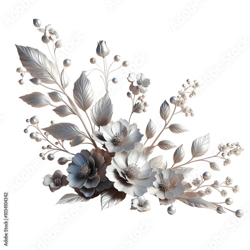  A 3D illustration of beautiful Silver flowers and branches on a light isolated background