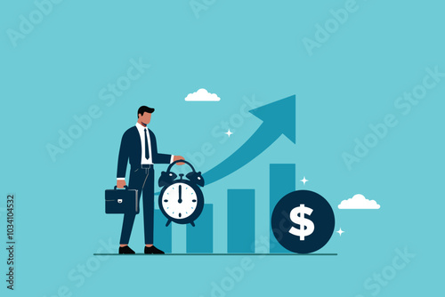 Strategic Businessman Holds Alarm Clock as Financial Graph Climbs Steadily