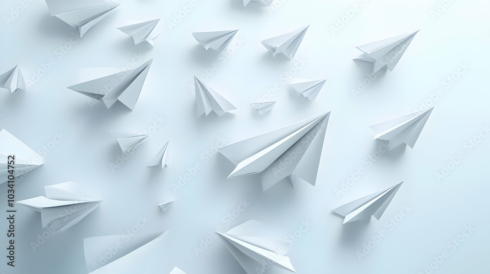 3D Rising White Paper Planes Concept: Close-Up of Ascending Planes in Formation Symbolizing Aspirations & Goals on Isolated White Background 3D Rising White Paper Planes Concept: Close-Up of Ascending Planes in Formation Symbolizing Aspirations & Goals on Isolated White Background