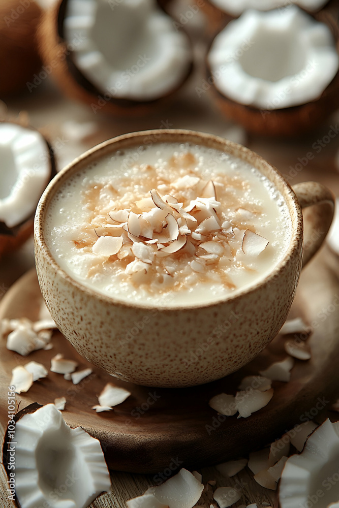 A creamy coconut beverage topped with toasted flakes, surrounded by coconut shell pieces, creating a soothing and tropical aesthetic. A creamy coconut beverage topped with toasted flakes, surrounded by coconut shell pieces, creating a soothing and tropical aesthetic.