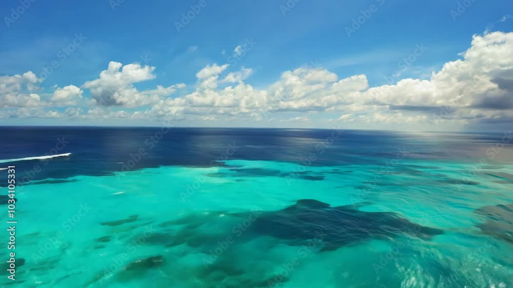 Aerial Drone Shot of Turquoise Ocean Water Under Blue Sky With Scattered White Clouds Aerial Drone Shot of Turquoise Ocean Water Under Blue Sky With Scattered White Clouds