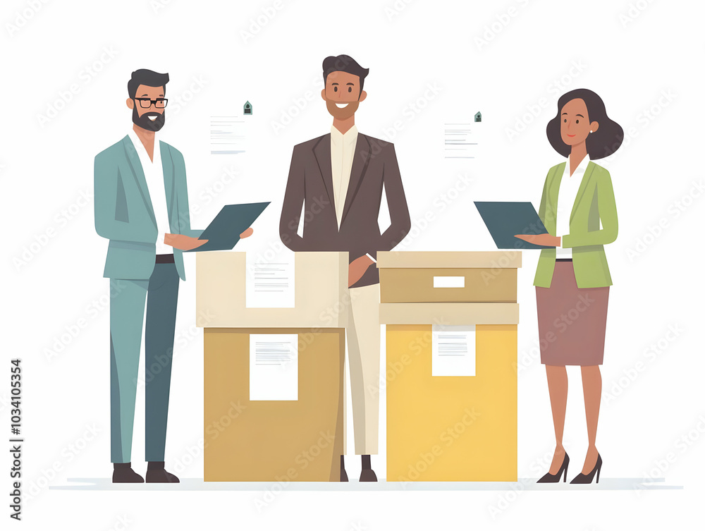 Election Integrity Team Securing Ballot Boxes: Wide Shot of Methodical Process and Security Measures in Simple Flat Vector Illustration Election Integrity Team Securing Ballot Boxes: Wide Shot of Methodical Process and Security Measures in Simple Flat Vector Illustration