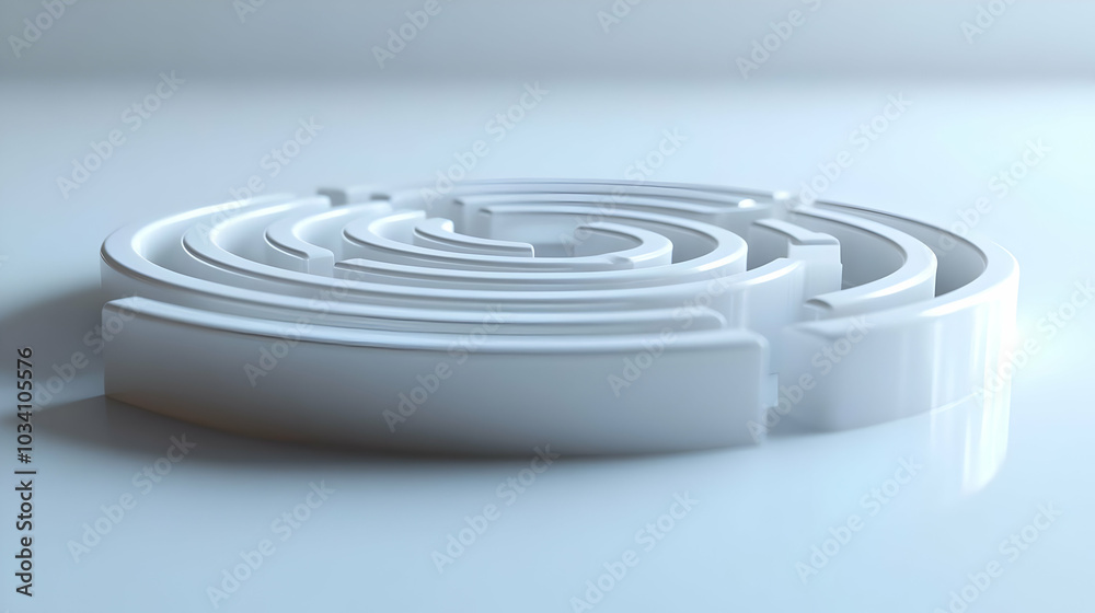3D Glossy White Labyrinth Concept - Medium Shot on Reflective Surface, Navigating Self Discovery Journey, Mental Health Exploration Icon on Isolated White Background 3D Glossy White Labyrinth Concept - Medium Shot on Reflective Surface, Navigating Self Discovery Journey, Mental Health Exploration Icon on Isolated White Background